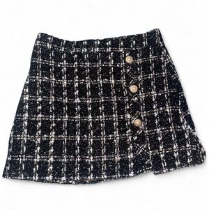 J.ING Tweed Skort • Black White Plaid • Gold Button Mini — Never Worn